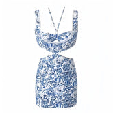 Dark Blue Floral Print Lace Trim Cut Out Mini Dress