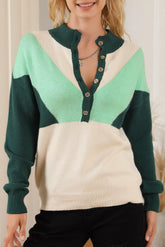 Colorblock Button V Neck Sweater