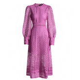 Bright Purple Eyelet Embroidered Bodycon Long Puff Sleeve Maxi Dress