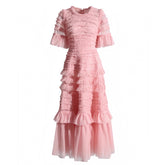 Agnes Light Pink Layered Ruffle Trim Bodycon Short Sleeve Maxi Dress