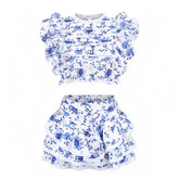 Dark Blue Floral Print Puff Sleeve Top & Layered Ruffle Mini Skirt Set