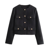 Black Tweed Gold Button Cropped Overcoat