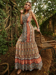 Blossoming Beauty: Boho Floral Print Cami Dress with Tie Shoulders and Ruffle Hem
