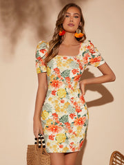 Tropical Bliss Square Neck Puff Sleeve Dress - Perfect for Your Next Vacation