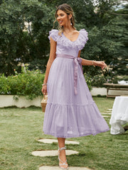 Dreamy Dobby Mesh Dress with Ruffle Trim and Belt