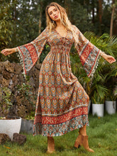 Boho Chic Vibes: Allover Print Flounce Sleeve A-Line Dress for Women