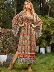 Boho Chic Vibes: Allover Print Flounce Sleeve A-Line Dress for Women