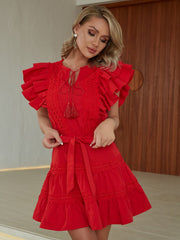 Fluttery Elegance: Guipure Lace Panel Tassel Tie Dress