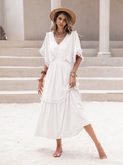 Boho Chic Women's Tassel Trim Dress with Ruffle Hem