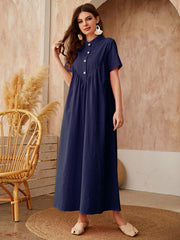 Effortless Elegance: Purple Stand Collar Short Sleeve Long Dress - Perfect for Your Vacation