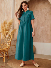 Effortless Elegance: Purple Stand Collar Short Sleeve Long Dress - Perfect for Your Vacation