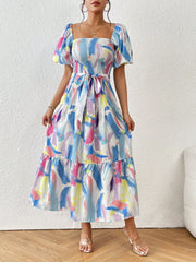 Brush Print Ruffle Hem Belted Dress - A Perfect Summer Wardrobe Essential