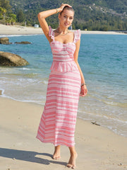 Chic and Casual: Pink Striped Print Ruffle Trim Dress