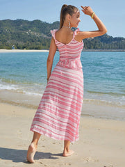 Chic and Casual: Pink Striped Print Ruffle Trim Dress