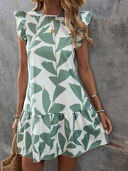 Summer Splendor: Leaf Print Ruffle Trim Smock Dress