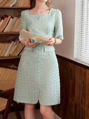 Mint Green: Solid Color Square Neck Button Front Dress