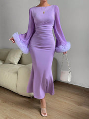 Elegance Personified: Purple Ruffle Trim Trumpet Sleeve Mermaid Hem Dress