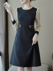 Chic and Elegant: Color Block Long Sleeve Dress with Button Decoration