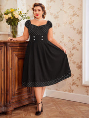 Retro Chic: Vintage Polka Dot Dress with Faux Pearl Accents and Puff Sleeves