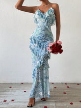 Blooming Beauty: Floral Print Ruffle Trim V-Neck Spaghetti Strap Dress