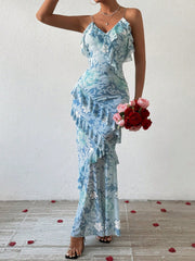 Blooming Beauty: Floral Print Ruffle Trim V-Neck Spaghetti Strap Dress