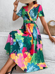 Blooming Beauty: Women's Botanical Print Pleated Short Sleeve Dress