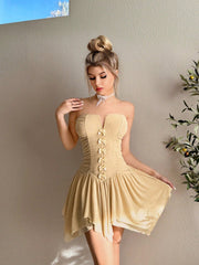 Fluttering Elegance: Khaki Butterfly Knot Strapless Dating Dress