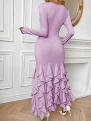 Chic Sophistication: Solid Color Frill Trim Fish Tail Bodycon Dress
