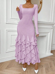 Chic Sophistication: Solid Color Frill Trim Fish Tail Bodycon Dress