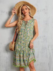 Sleek and Chic: Women's Sleeveless Floral Print Dress with Knotted Collar