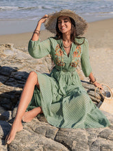 Bohemian Blossoms: High Collar Floral Print Lantern Sleeve Dress with Belt