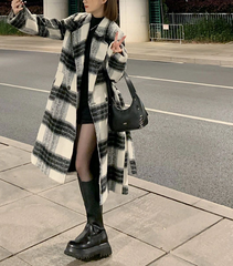 Shawl Collar Long Plaid Coat