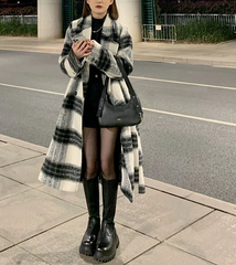 Shawl Collar Long Plaid Coat