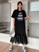 Chic and Stylish: Letter Print Mesh Patchwork Short Sleeve Dress