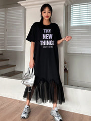 Chic and Stylish: Letter Print Mesh Patchwork Short Sleeve Dress