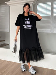 Chic and Stylish: Letter Print Mesh Patchwork Short Sleeve Dress