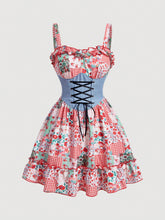 Countryside Charm: Patchwork Print Color Blocking Waist Tie Mini Dress