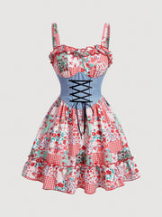 Countryside Charm: Patchwork Print Color Blocking Waist Tie Mini Dress