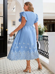 Summer Plus Size Floral Embroidery Splice Ruffle Hem V-Neck Dress For Women
