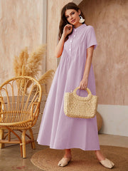 Effortless Elegance: Purple Stand Collar Short Sleeve Long Dress - Perfect for Your Vacation