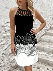 Bold and Beautiful: Black and White Printed Sleeveless Summer Dress with Netted and Spliced Design