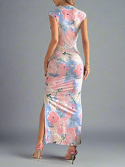 Elegant Watercolor Floral Print Midi Dress for Holiday and Daily Wear