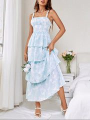 Flower Power: Ladies Summer Floral Print Multi-Layered Cake Spaghetti Strap Dress