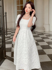 Floral Dream: Women's White Square Neck Short Sleeve Dress