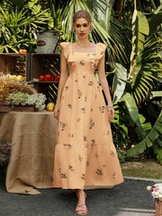 Frenchy Floral Fantasy: Women's Plant Printed Elegant Vacation Dress