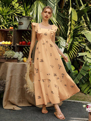 Frenchy Floral Fantasy: Women's Plant Printed Elegant Vacation Dress
