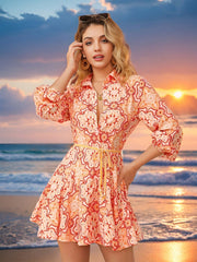 Boho Chic Vibes: Random Printed Lantern Sleeve Belted Shirt Dress