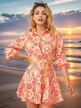 Boho Chic Vibes: Random Printed Lantern Sleeve Belted Shirt Dress