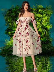 Fluttering Beauty: Double Crazy Women's Elegant Bubble Sleeves Dress with 3D Butterfly Decoration