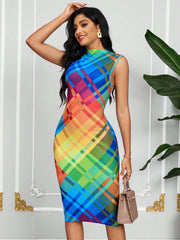 Colorful Plaid Summer Fashion Sleeveless Dress for Women